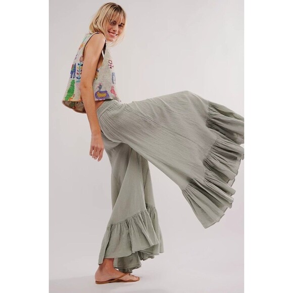 Free People Summer Kiss Godet Pants Smocked Cotton Wide Leg Beach XS NEW 279338
